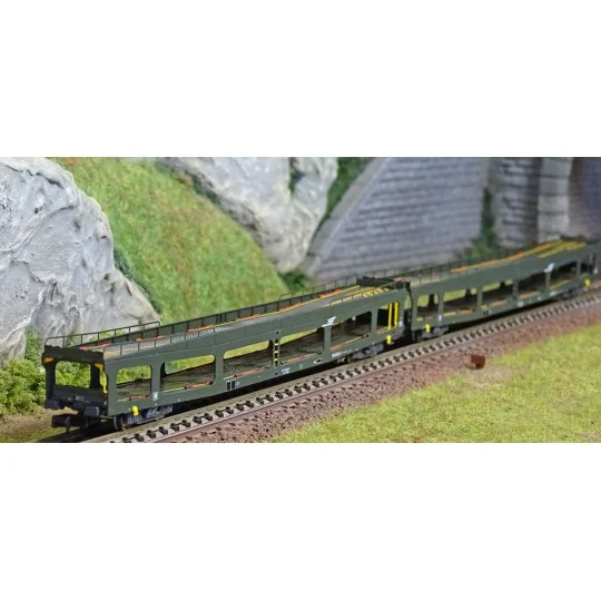 Arnold HN4347 Set of 2 car carriers, DD DEV 66, green livery, white... HN4347-Arnold HN4347 Set of 2 car carriers, DD DEV 66, green livery, white cap logo, N scale