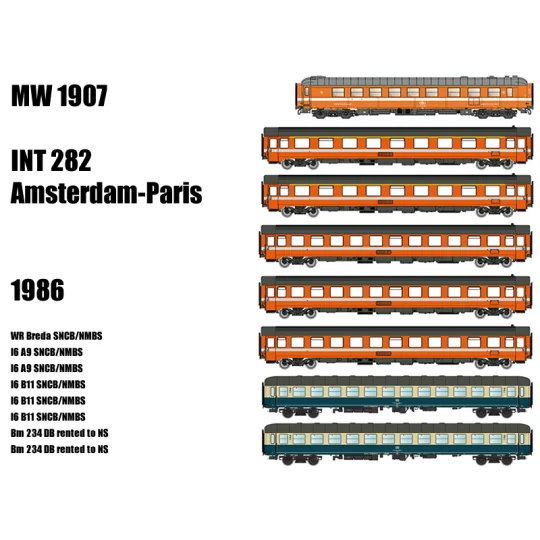 MW_1907-Models World 1907 Set of 8 Carriages Paris-Amsterdam, WR / I6 / Bm, DB - SNCB