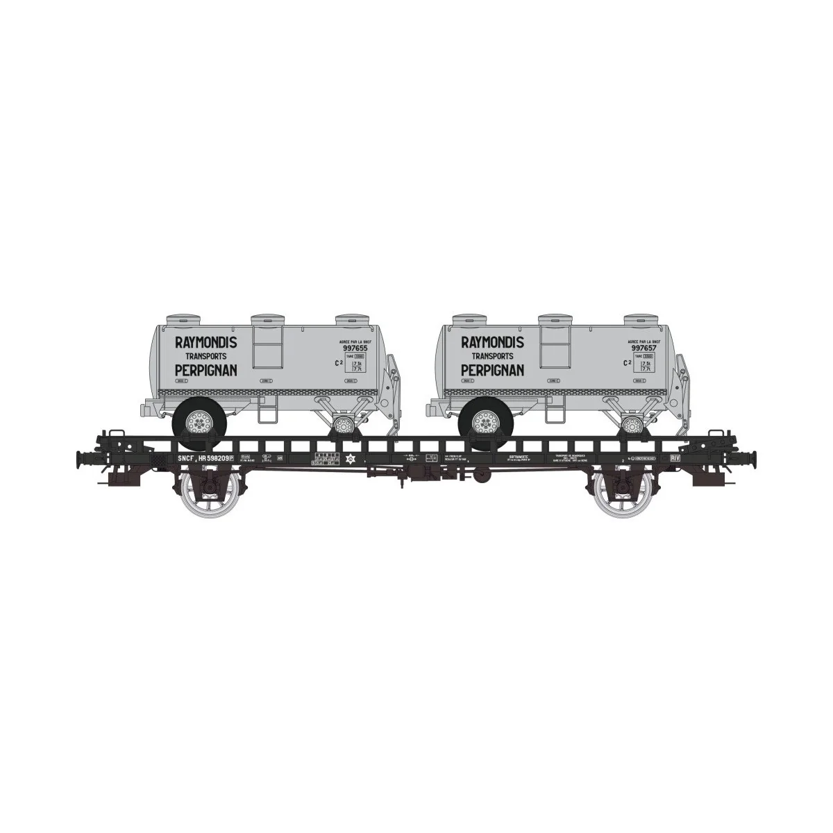 Ree modeles WB615 Wagon UFR Biporteur noir, remorques citernes rondes RAYMONDI Ree Modeles WB-615 - 3