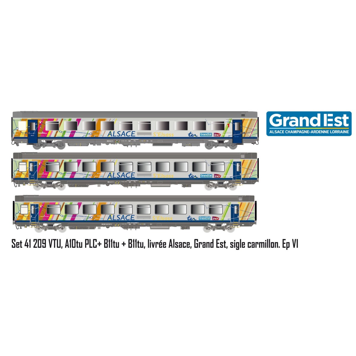 LS Models 41209 Set de 3 voitures Vtu VTU, A10tu PLC+ B11tu + B11tu, livrée Alsace, Grand Est, SNCF, logo carmillon Ls models Ls