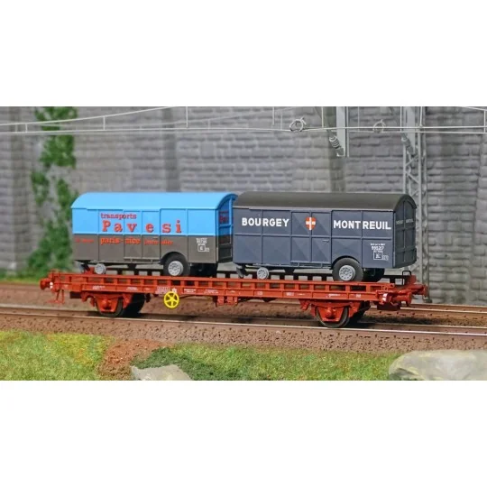 WB-642-Ree models WB642 UFR Biporteur Wagon, screw brake, UIC Red, PAVESI + BOURGEY-MONTREUIL box trailers