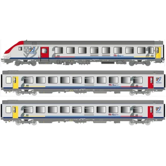 Lsm_41233DC-LS Models 41233DC Set de 3 voitures TER Bourgogne, voiture pilote, SNCF, logo carmillon, éclairage