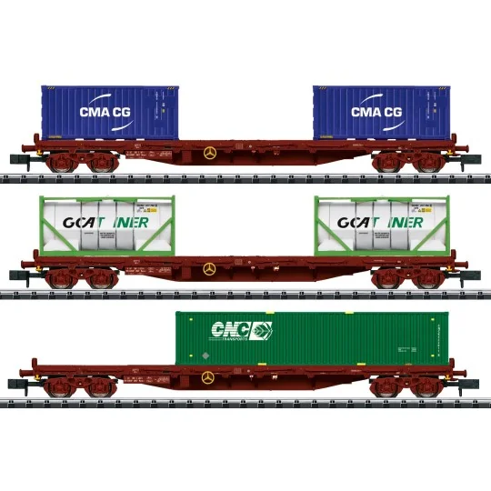 Trix_15072-MiniTrix 15072 Set of 3 container wagons type Rs, SNCF, CMA CG, GCAT INTER, CNC, N scale