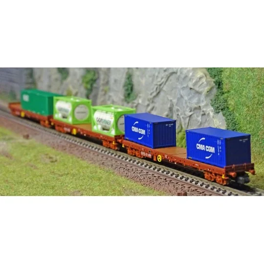 Trix_15072-MiniTrix 15072 Set de 3 wagons porte-conteneurs type Rs, SNCF, CMA CG, GCAT INTER, CNC, échelle N