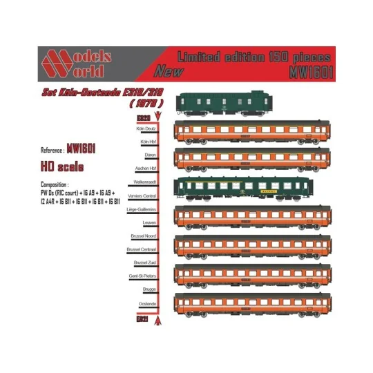 MW_1601-Models Word 1601 Set de 8 Voitures Cologne-Ostende E318 (1978) SNCB - NMBS