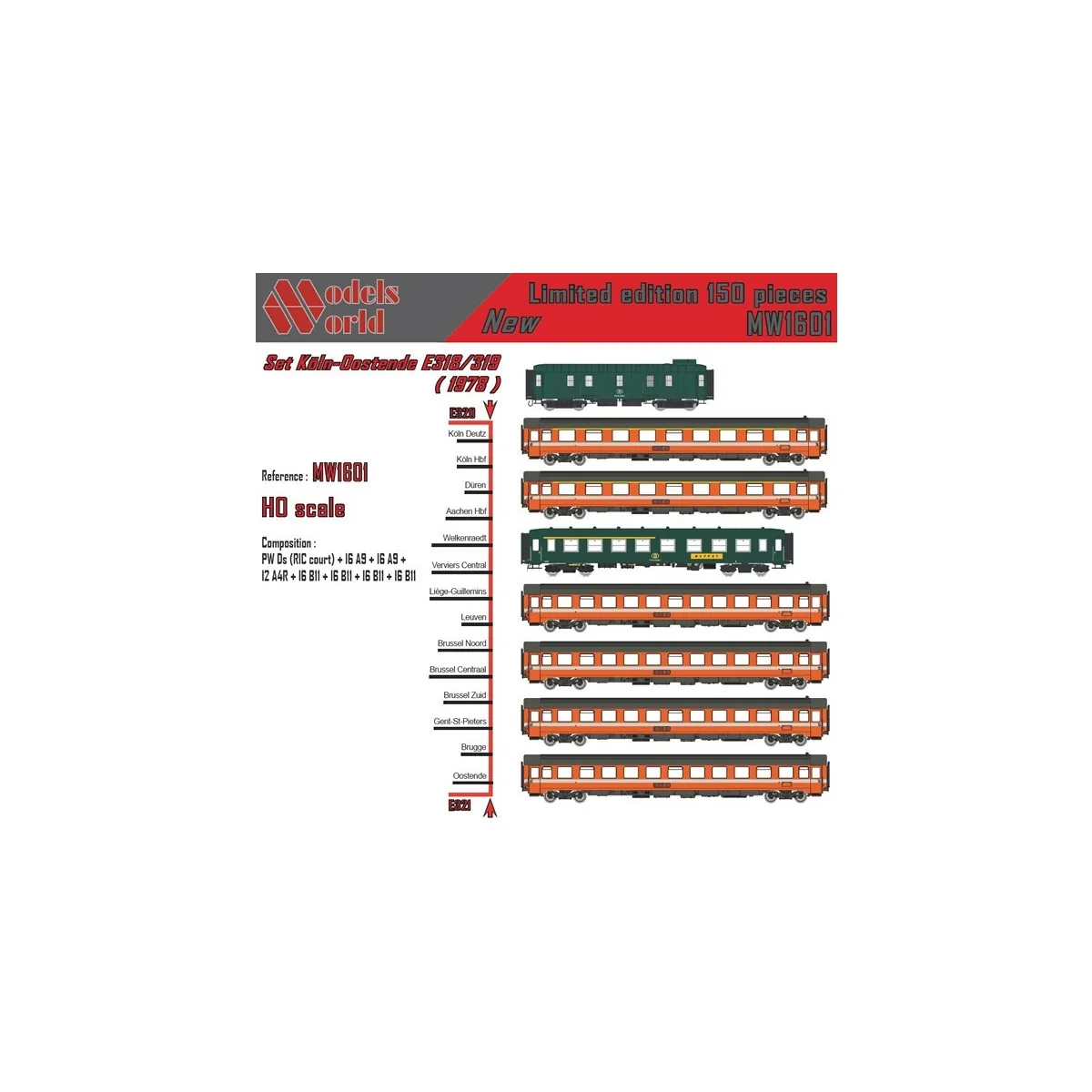 Models Word 1601 Set of 8 Cologne-Ostend Carriages E318 (1978) SNCB...