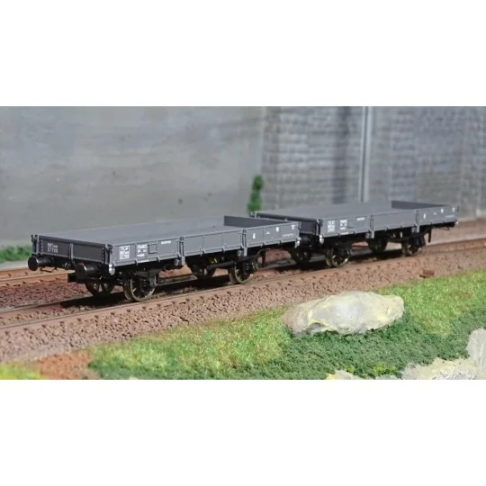 WB-600-Ree Models WB600 Set of 2 OCEM 29 Flat Wagons, PLM Grey, NNTouw Lever Brake, Spoked Wheels