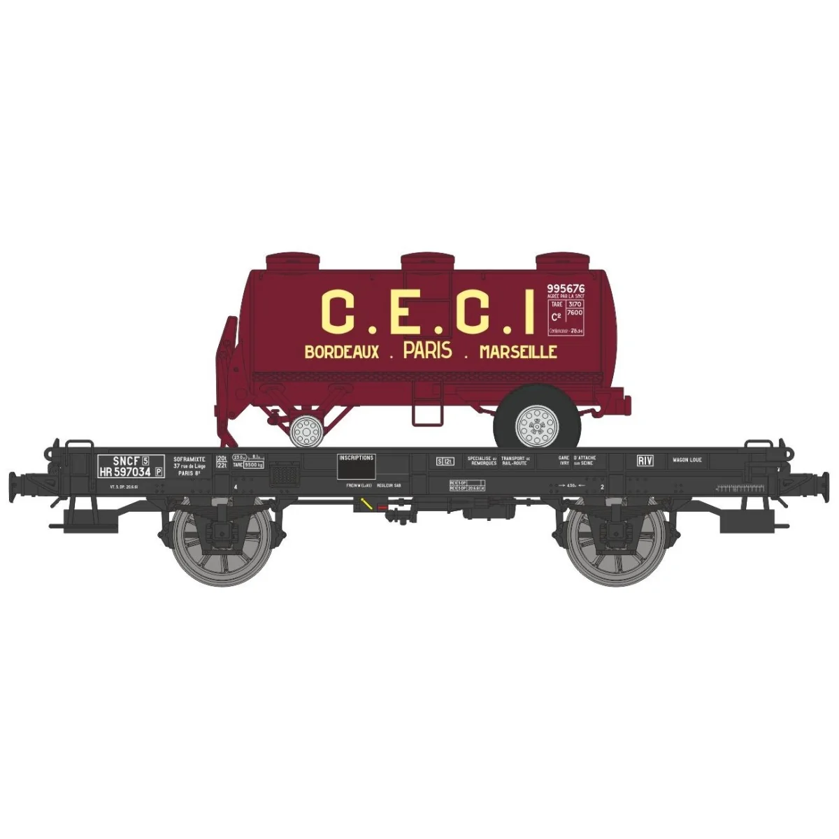 Ree Models WB644 UFR Mono-Port Wagon, Black, Spoked Wheels + CECI T...