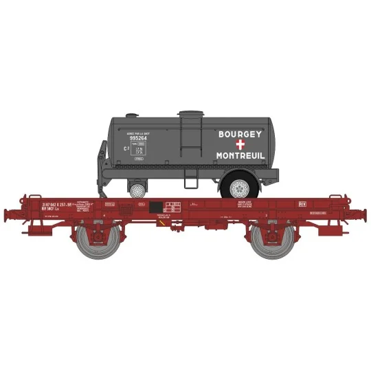 WB-646-Ree models WB646 UFR Single-Carrier Wagon, brown UIC, solid wheels + Tank Trailer BOUGEY MONTREUIL