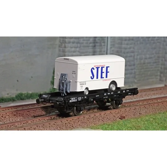 WB-651-Ree modeles WB651 Wagon UFR Mono-Porteur noir, roues pleines + Remorque Frigo STEF