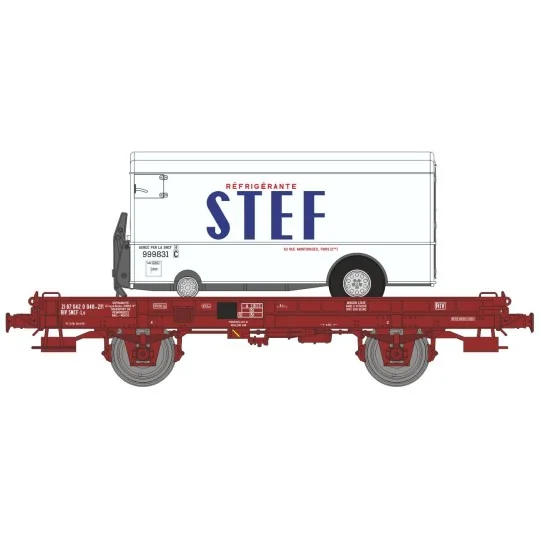 WB-652-Ree models WB652 UFR Single-Carrier Wagon, brown UIC, solid wheels + STEF Refrigerated Trailer