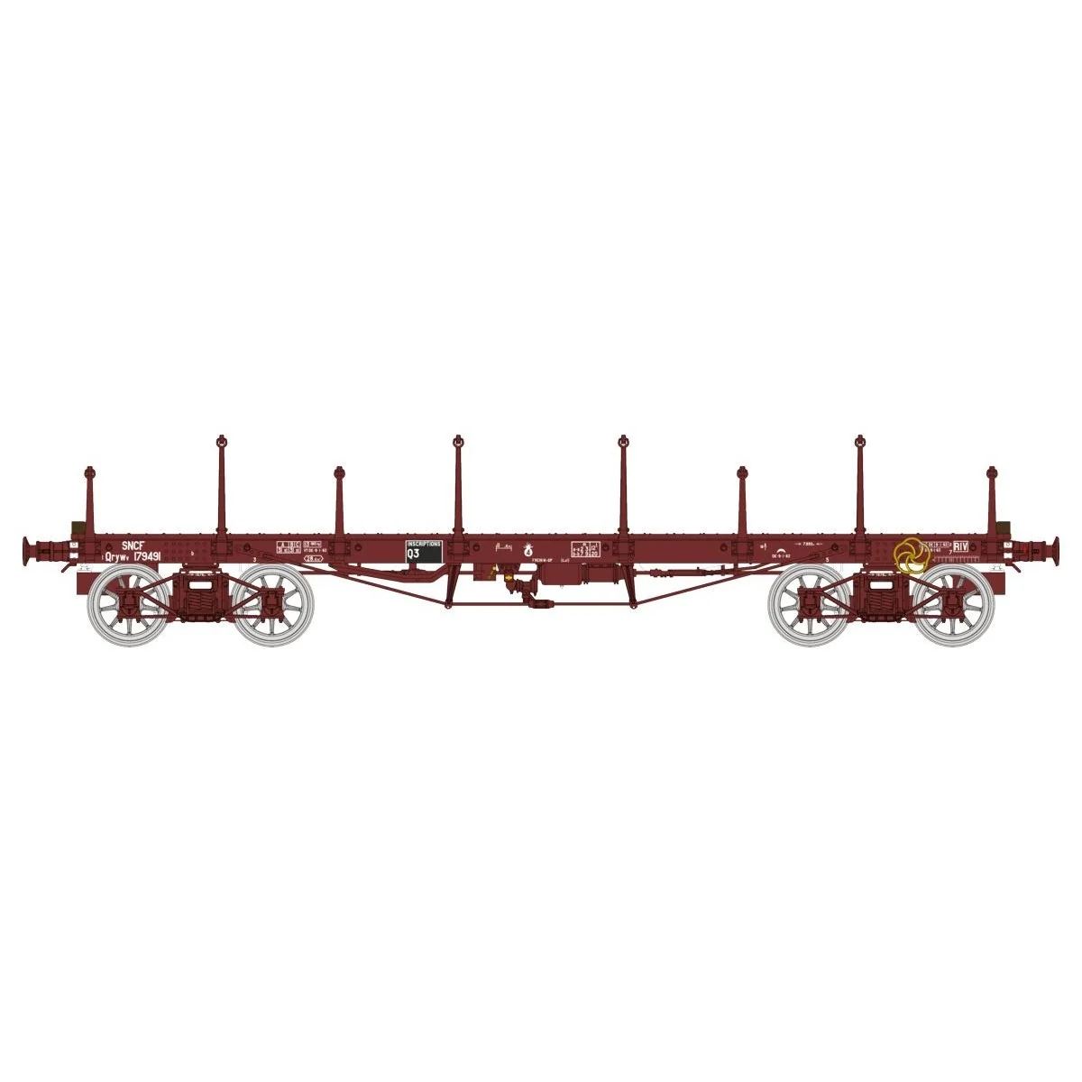Ree models WB549 Flat Wagon TP, brown, long/short stanchions, bogie...