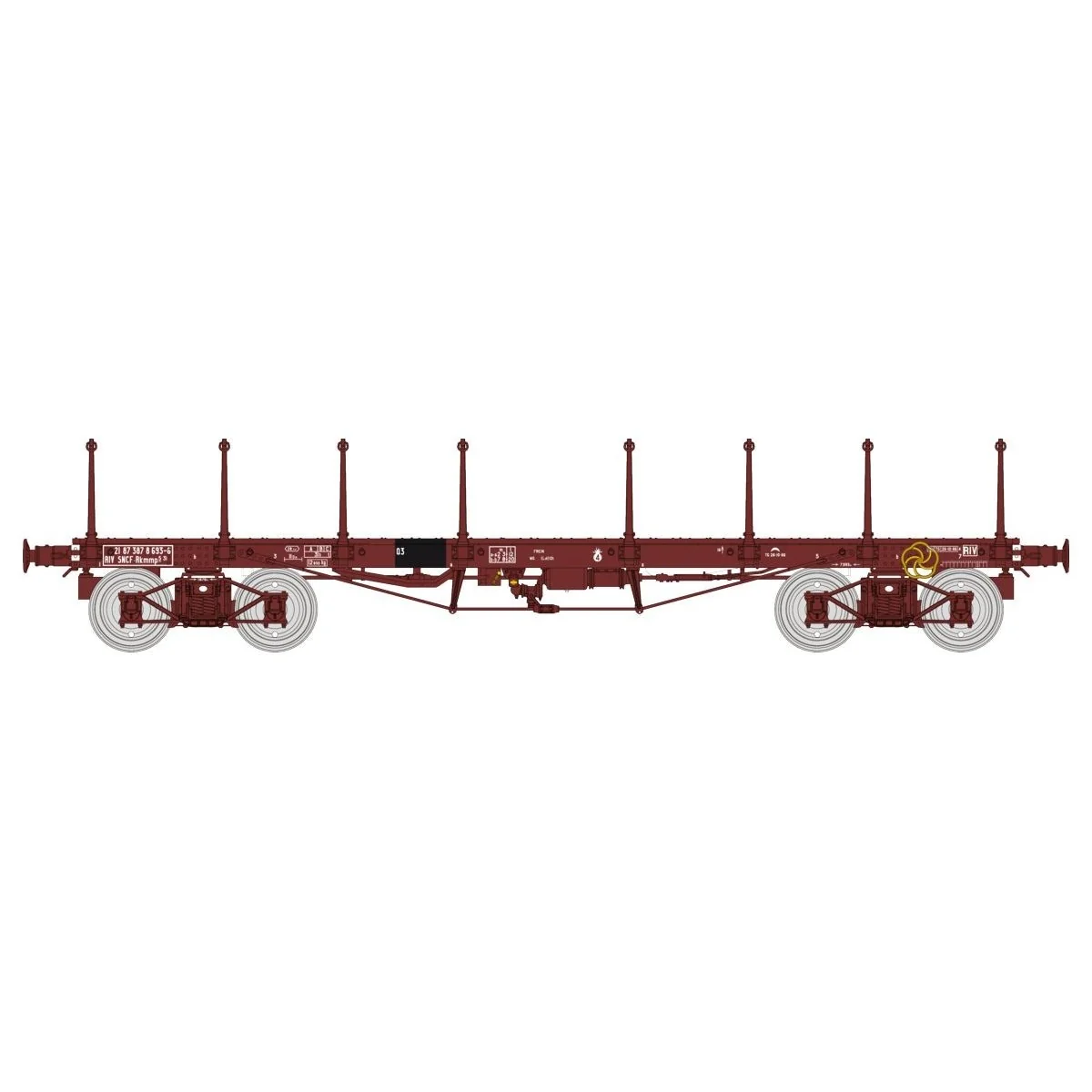 Ree models WB550 Flat Wagon TP, brown, long stanchions, bogies, SNC...