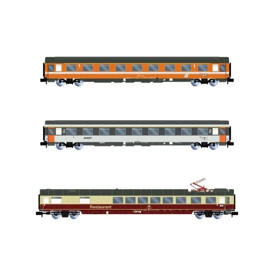HN4390-Arnold HN4390 Set de 3 voitures voyageurs, EuroCity "Mozart", restaurant DB / 1ère classe ÖBB / 1ère classe SNCF, échelle N