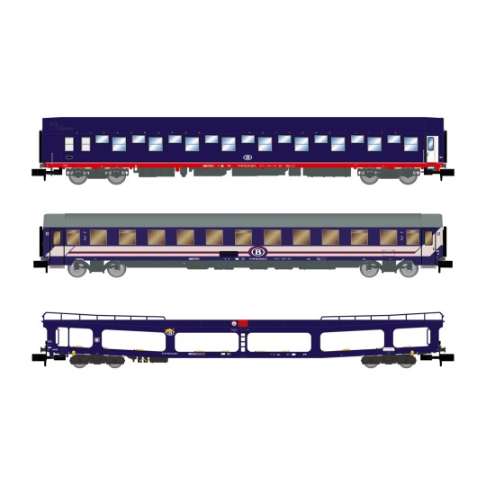 HN4406-Arnold HN4406 3-piece set: 1 T2 sleeping car, 1 blue DD DEV car transporter van, 1 blue/red BC I6 coach, SNCB, N scale