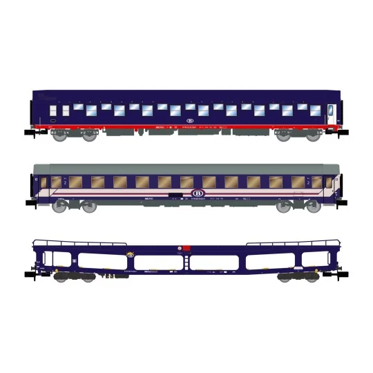 Arnold HN4406 3-piece set: 1 T2 sleeping car, 1 blue DD DEV car tra... HN4406-Arnold HN4406 3-piece set: 1 T2 sleeping car, 1 blue DD DEV car transporter van, 1 blue/red BC I6 coach, SNCB, N scale