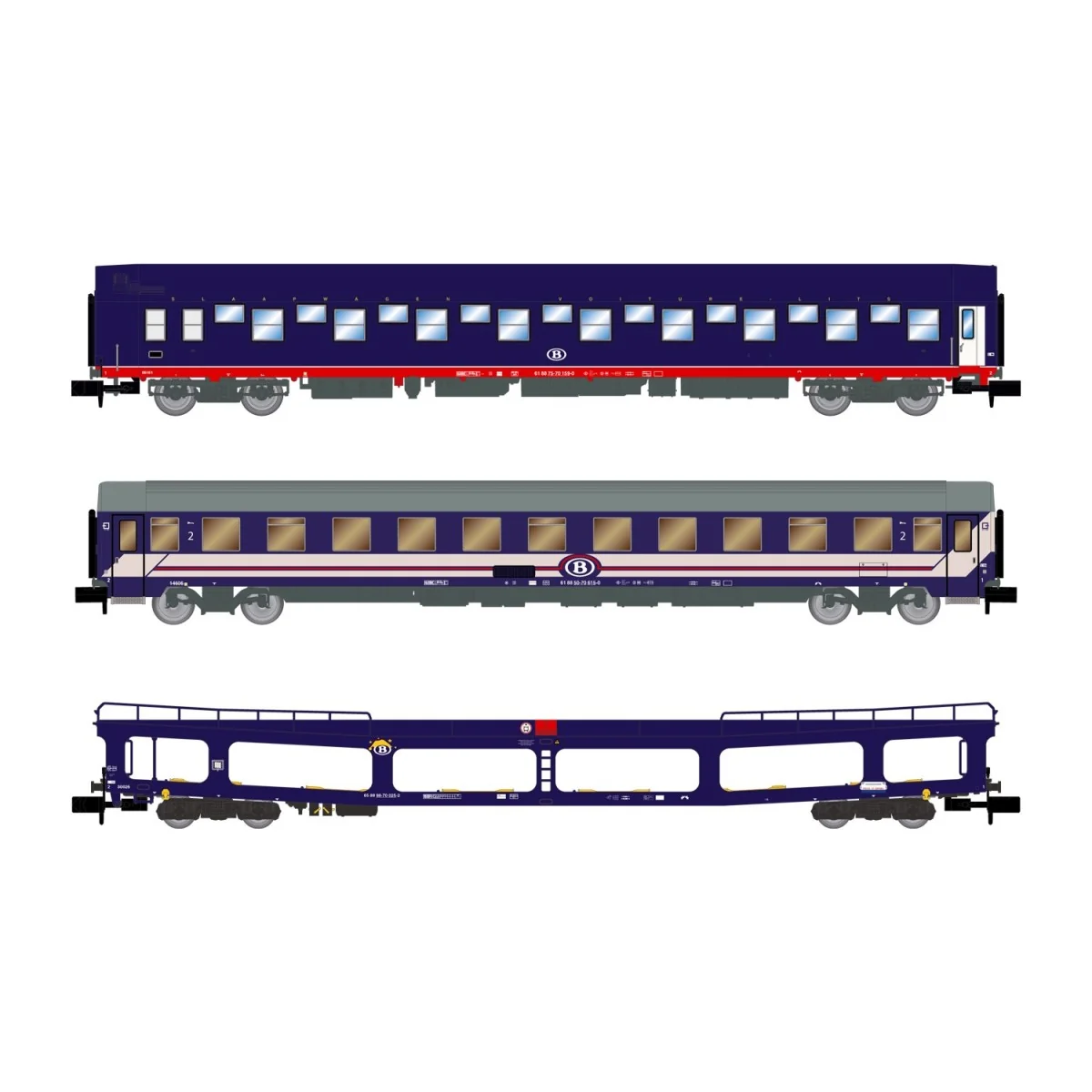 Arnold HN4406 Set de 3 éléments,1 voiture-lit T2, 1 fourgon portes-auto DD DEV bleu, 1 voiture Bc I6 bleu/rouge, SNCB, échelle N Arnold HN4406 Set de 3 éléments,1 voiture-lit T2, 1 fourgon portes-auto DD DEV bleu, 1 voiture Bc I6 bleu/rouge, SNCB, échelle N
