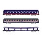 HN4406-Arnold HN4406 3-piece set: 1 T2 sleeping car, 1 blue DD DEV car transporter van, 1 blue/red BC I6 coach, SNCB, N scale