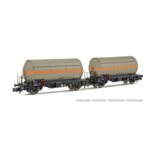 HN6525-Arnold HN6525 Set of 2 gas tank wagons, SNCF, grey livery with orange stripe, N scale