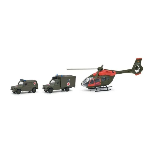 Schuco_452636500-Schuco 452636500 Coffret militaire infirmerie, 2 voitures secours et un hélicoptère H145