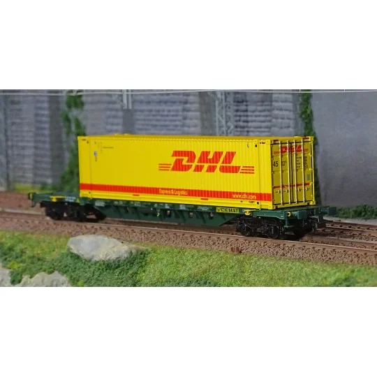 Rivarossi HR6575 Sgnss type bogie container wagon, green livery, CE... HR6575-Rivarossi HR6575 Sgnss type bogie container wagon, green livery, CEMAT, loaded with a 45' DHL container