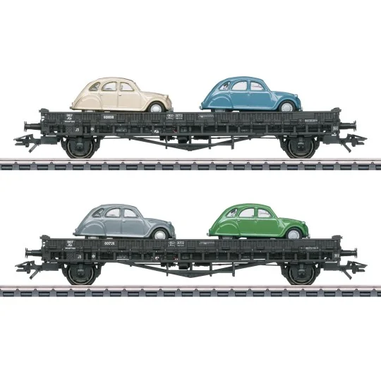 Marklin_46408-Marklin 46408 Set of 2 flat wagons with sideboards, type JQo, SNCF, loaded with 2CV vehicles