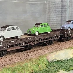 Marklin 46408 Set de 2 wagons plats àessieux à ridelles types JQo, SNCF, chargé véhicules 2CV Marklin Marklin_46408 - 1