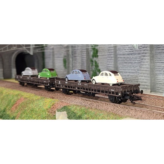 Marklin_46408-Marklin 46408 Set of 2 flat wagons with sideboards, type JQo, SNCF, loaded with 2CV vehicles