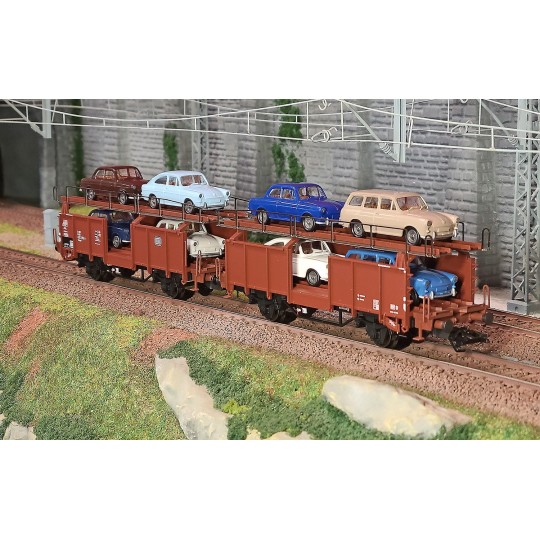Trix_24332-Trix 24332 Wagon double articulé porte auto type Laaes 541 à 2 niveaux, DB, chargé VW type 3 1500 et 1600