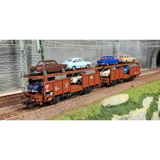 Trix 24332 Double articulated car-carrying wagon type Laaes 541 wit... Trix_24332-Trix 24332 Double articulated car-carrying wagon type Laaes 541 with 2 levels, DB, loaded with VW type 3 1500 and 1600