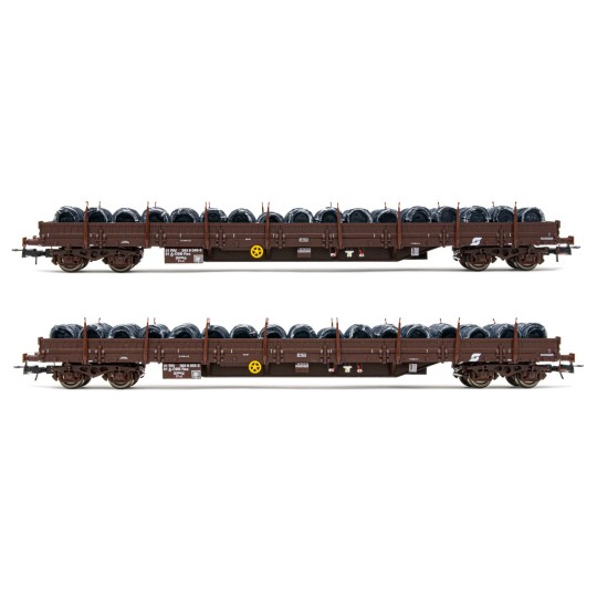 HR6484-Rivarossi HR6484 Set of 2 flat wagons with sideboards, Res, ÖBB, delivered brown, loaded with wire reels