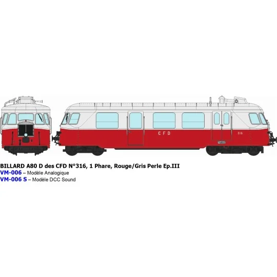 VM-006.S-Ree Modeles VM006.S Autorail Billard A80 D des CFD N°316, Rouge/Gris perle, 1 Phare, digital sonore