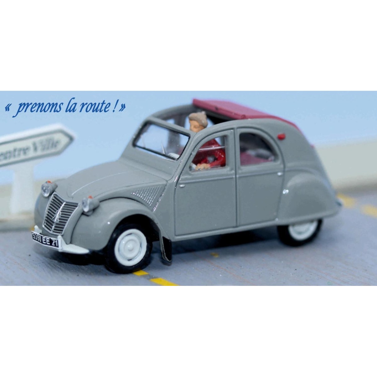 SAI 1605 Grey Citroën 2CV with open red top, with a female driver -...