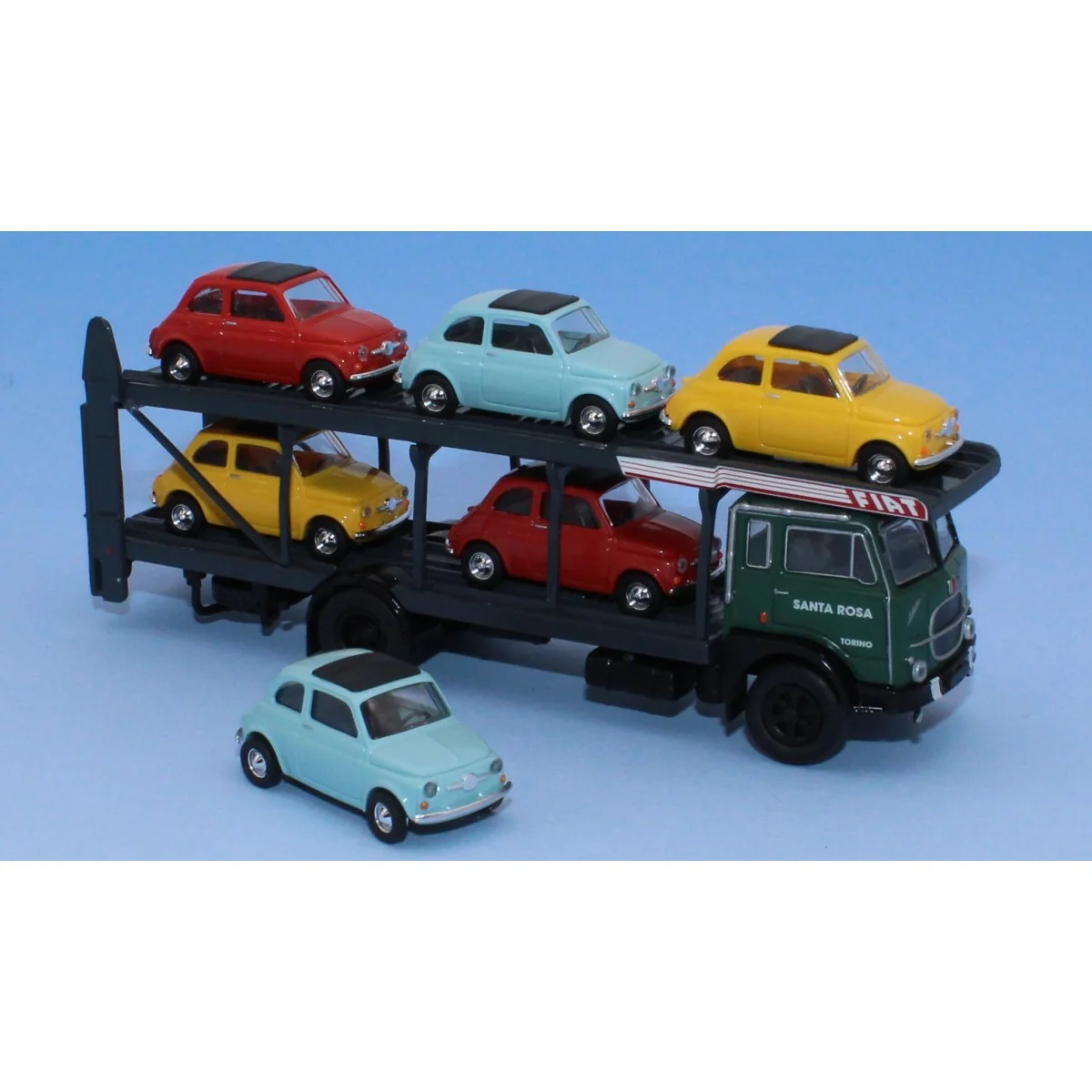 Brekina 58482 Fiat 640 car transporter truck, with 6 Fiat 500s
