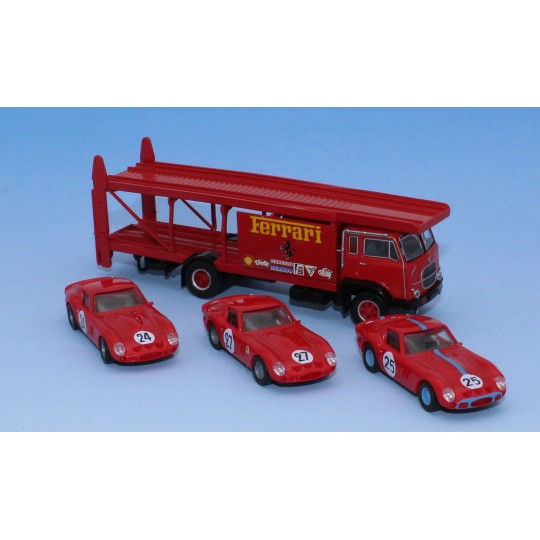 SAI_58481-Brekina 58481 Fiat 640 car transporter truck, with 3 Ferrari 250 GTOs, Ferrari team Le Mans 1963