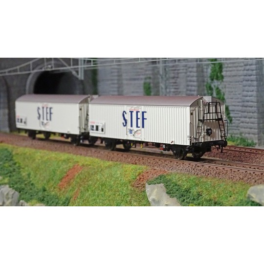 Lsm_30236-Ls Models 30236 Set de 2 wagons frigorifiques lbes, courts, STEF bleu, toit gris, marquage UIC