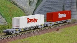 Arnold HN6584 Set de 2 wagons porte conteneurs à bogies type Sgss, Novatrans, SNCF, chargés conteneurs Trans-Fer 45', échelle N 