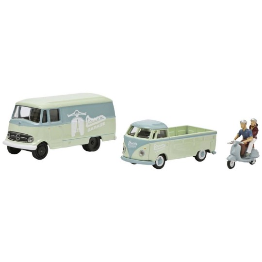 Schuco_452671700-Schuco 452671700 Set of 3 vehicles: Vespa with 2 figures, Mercedes Benz L19, Volkswagen T1