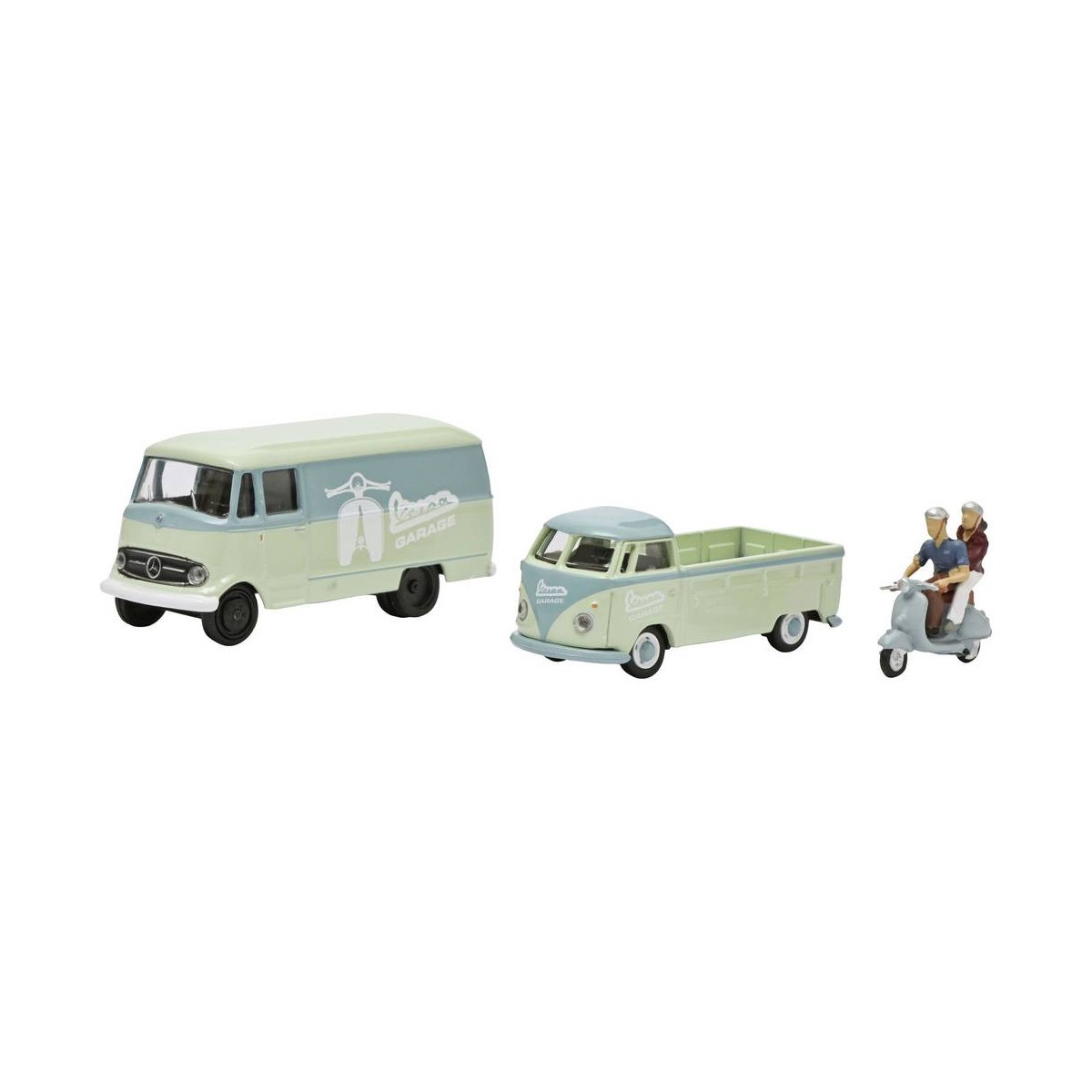 Schuco 452671700 Set de 3 véhicules Vespa avec 2 personnages, Mercedes Benz L19, Volkswagen T1 Schuco Schuco_452671700 - 1