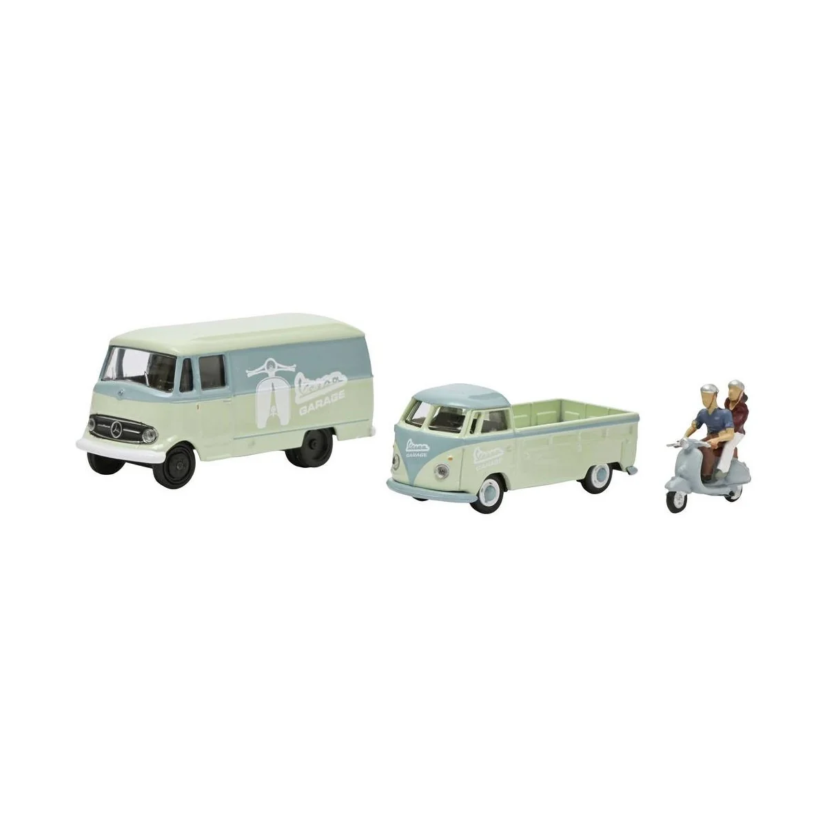 Schuco 452671700 Set de 3 véhicules Vespa avec 2 personnages, Mercedes Benz L19, Volkswagen T1 Schuco Schuco_452671700 - 1 Schuco 452671700 Set de 3 véhicules Vespa avec 2 personnages, Mercedes Benz L19, Volkswagen T1 Schuco Schuco_452671700 - 1