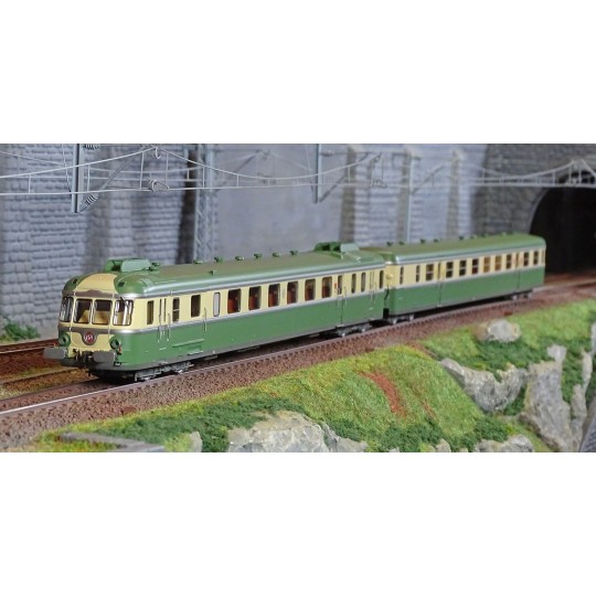 HJ2419S-Jouef HJ2419S Autorail diesel RGP 2 X 2716 + remorque XR 7719, SNCF, vert/beige avec déflecteurs de fumée, digital sonore