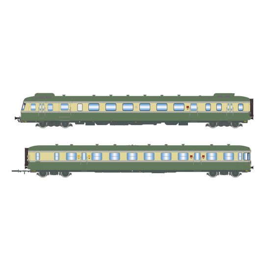HJ2419-Jouef HJ2419 RGP 2 X 2716 diesel railcar + XR 7719 trailer, SNCF, green/beige with smoke deflectors