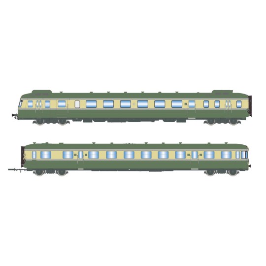 HJ2420-Jouef HJ2420 RGP 2 X 2712 diesel railcar + XR 7714 trailer, SNCF, green/beige with smoke deflectors
