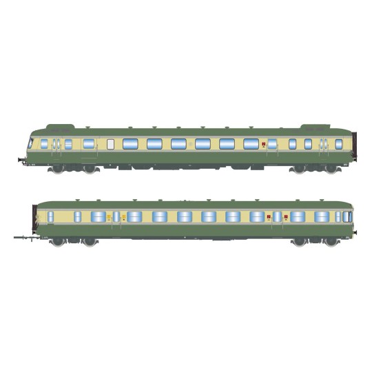 HJ2429S-Jouef HJ2429S RGP 2 X 2719 diesel railcar + XRAB 7708 trailer, SNCF, green/beige with smoke deflectors, digital sound