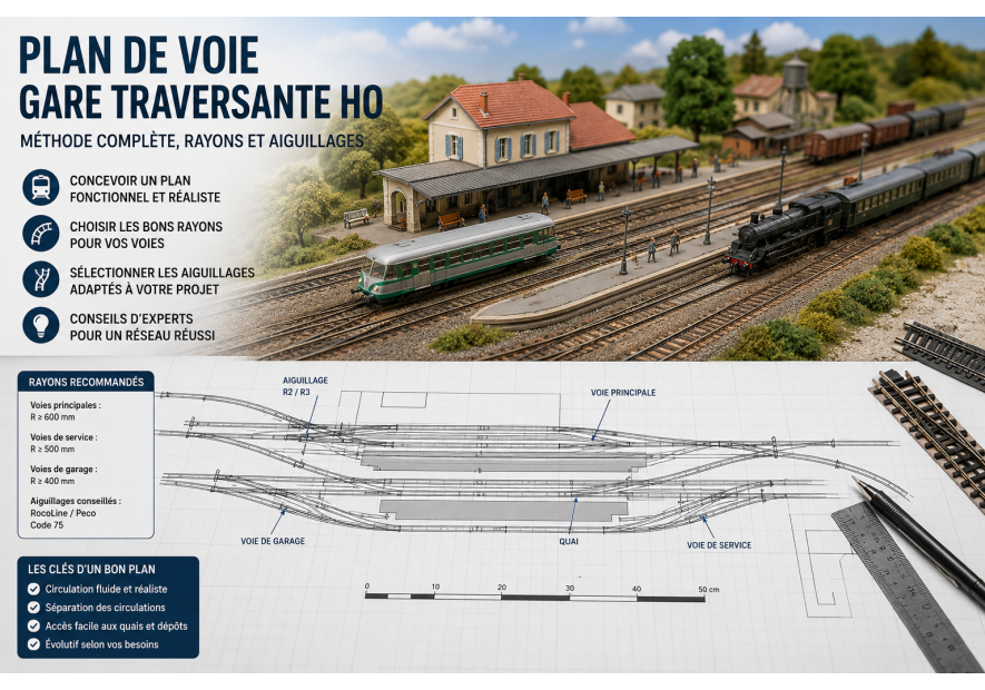 Plan de voie gare traversante HO : méthode complète, rayons et aiguillages