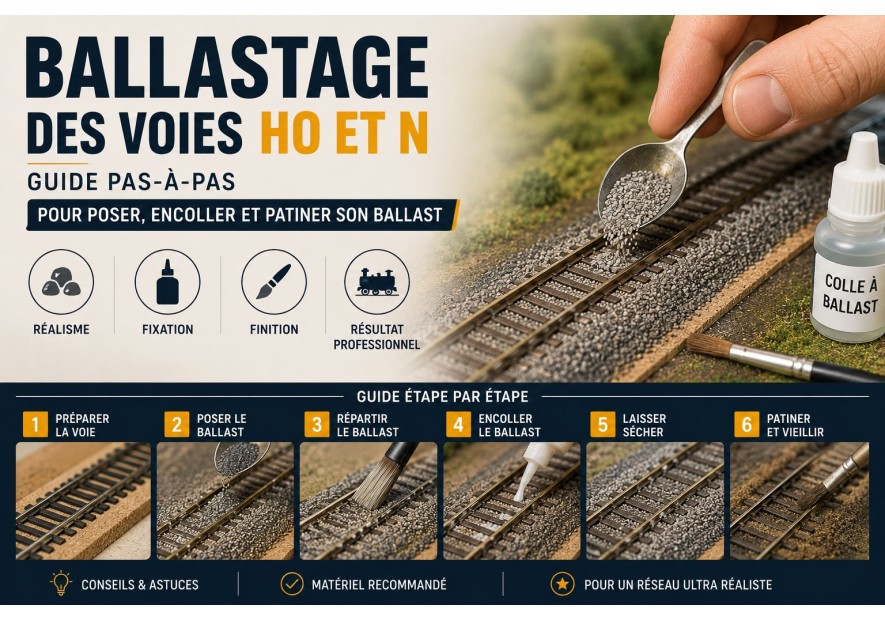 Ballastage des voies HO et N : guide pas-à-pas pour poser, encoller et patiner son ballast