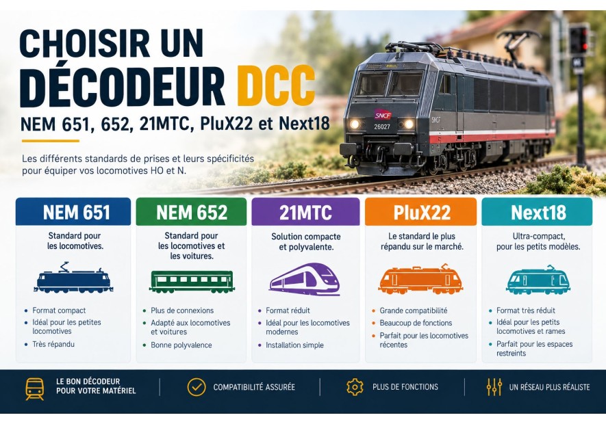 Choisir un décodeur DCC : NEM 651, 652, 21MTC, PluX22 et Next18